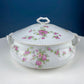 Antique Porcelain Tureen with Delicate Pink Roses. Bow Like Handles. Soup Serving Dish. Holiday Family Dining. Fine Table Setting.