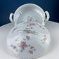 Antique Porcelain Tureen with Delicate Pink Roses. Bow Like Handles. Soup Serving Dish. Holiday Family Dining. Fine Table Setting.