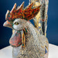 Set of 2 Wooden Hand Carved Rooster Figurines. Wood with Fabric Inlays & Gold Lines. Modern Farmhouse. Fall Decor. Table Centerpiece. Ethnic