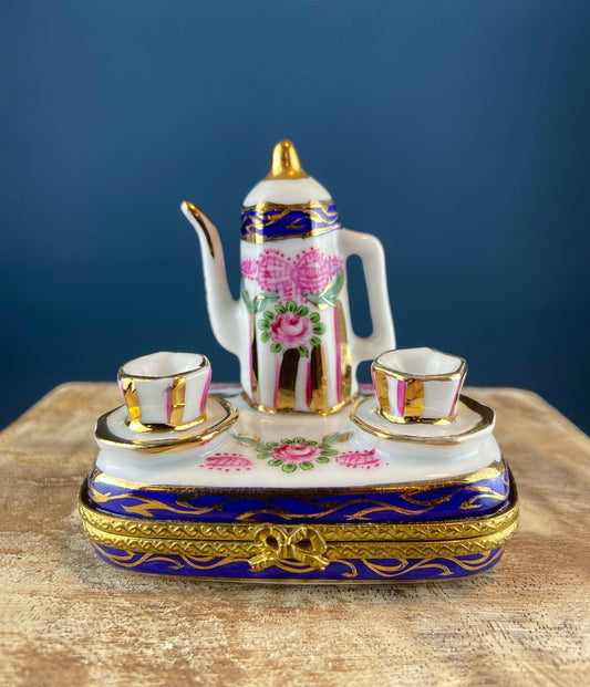 Tea Time Porcelain Limoges Box. Miniature Tea Setting, Tea/Coffee Pot & Cups with Floral Motif. Made in France. Highly Collectible.