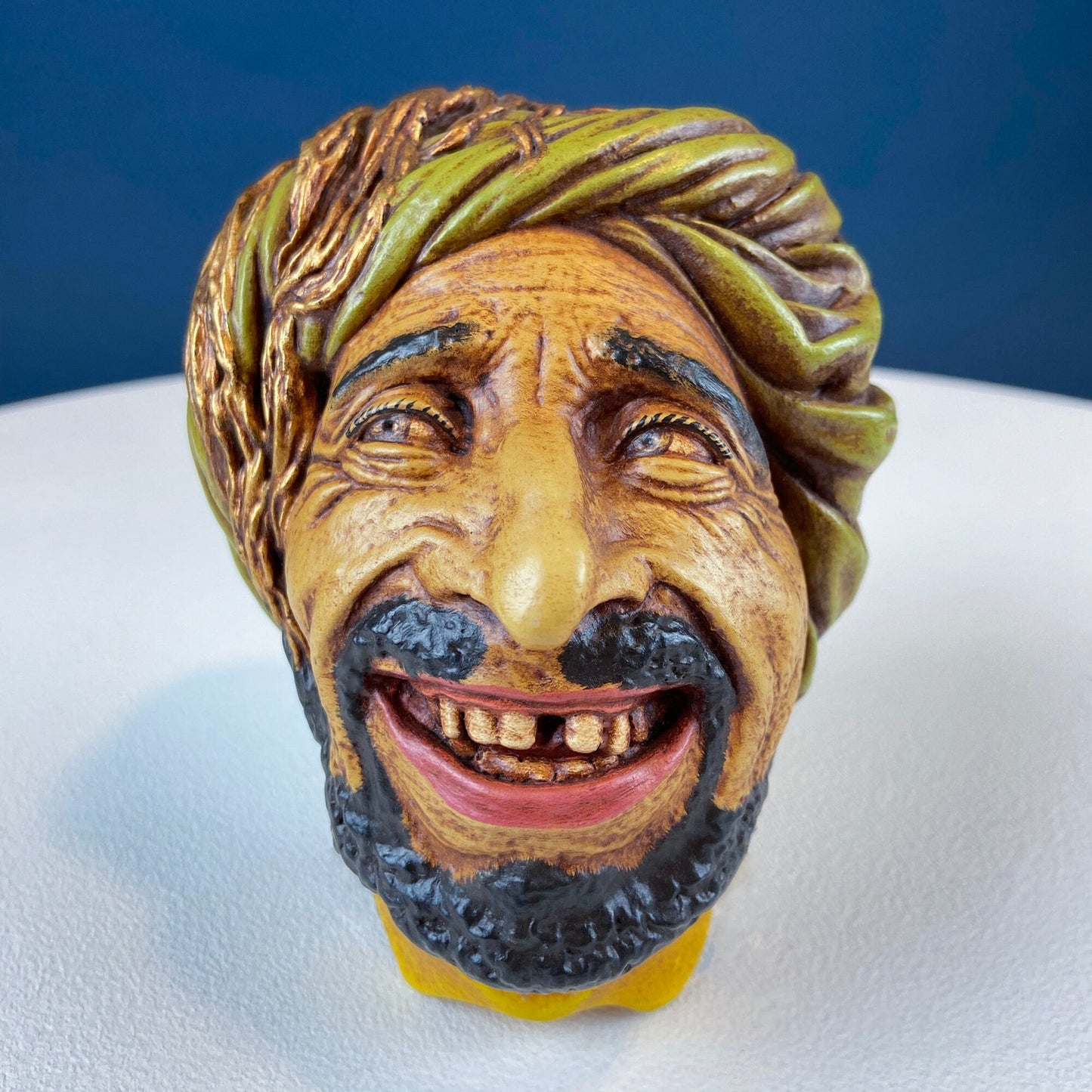 Vintage Chalkware Head of syarian in Blue Hat. Life Like Caricature of Bearded Man. Ethnic Wall Hanging. Collectibl