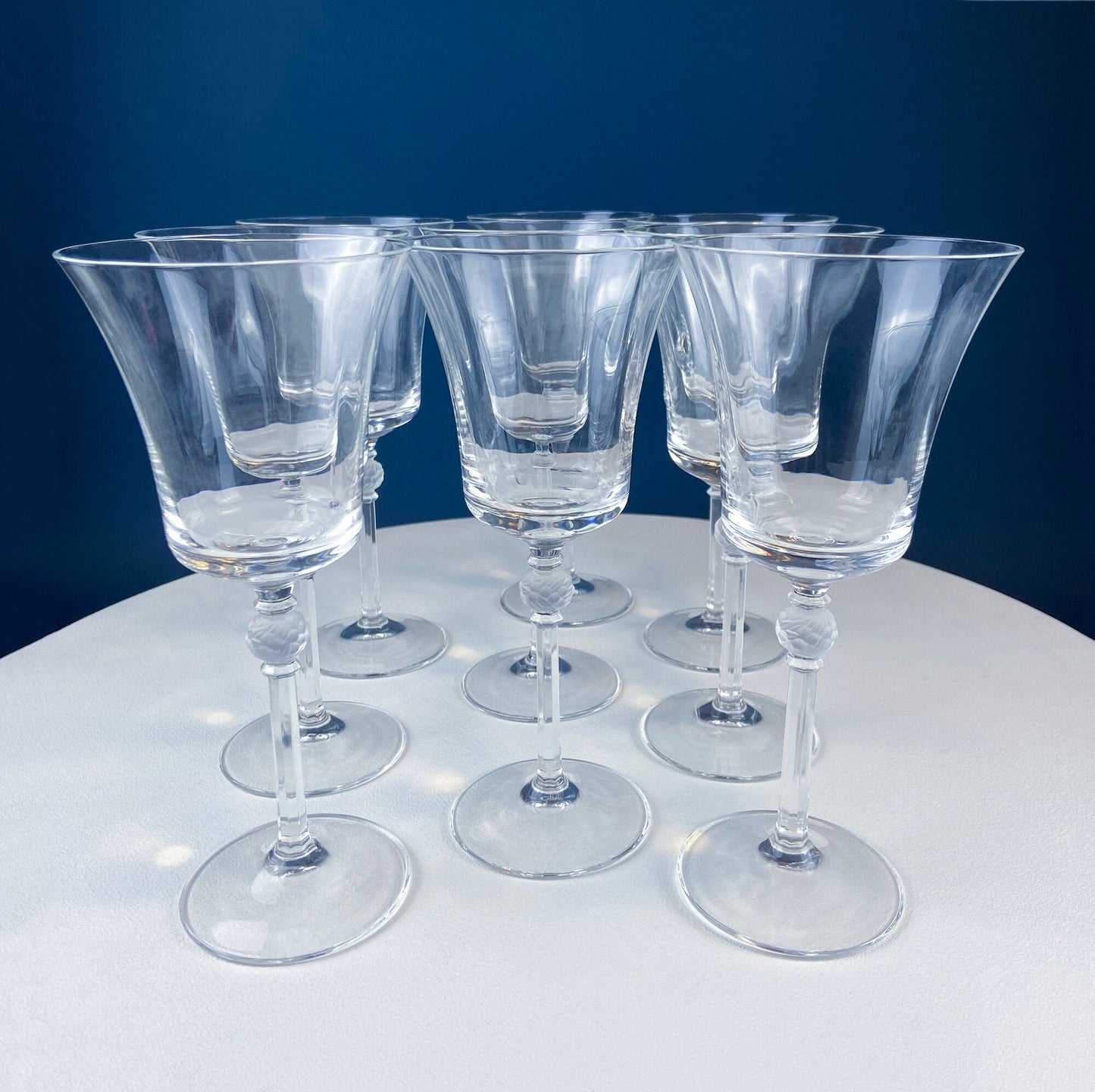 Laura by Rogaska Crystal Water/Iced Tea Goblets. Miller Rogaska Etched on each Glass. Frosted Flower Stem. Stunning Ping. Holiday Celeb.