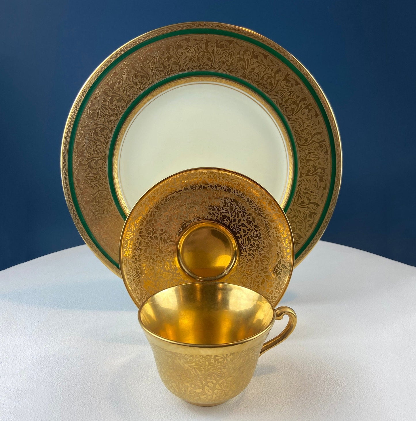Gold on Gold Cup and Saucer by Wheeling, Germany, Paired with Stunning Gilded Hutschenreuther Serving Plate. Tea Set. Luxury Living.