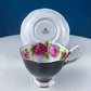 Black Cup and Saucer with Roses on White Background Inside the Cup. Royal Albert Old Country Rose Tea Set. Hand Painted Pink & Red Roses.