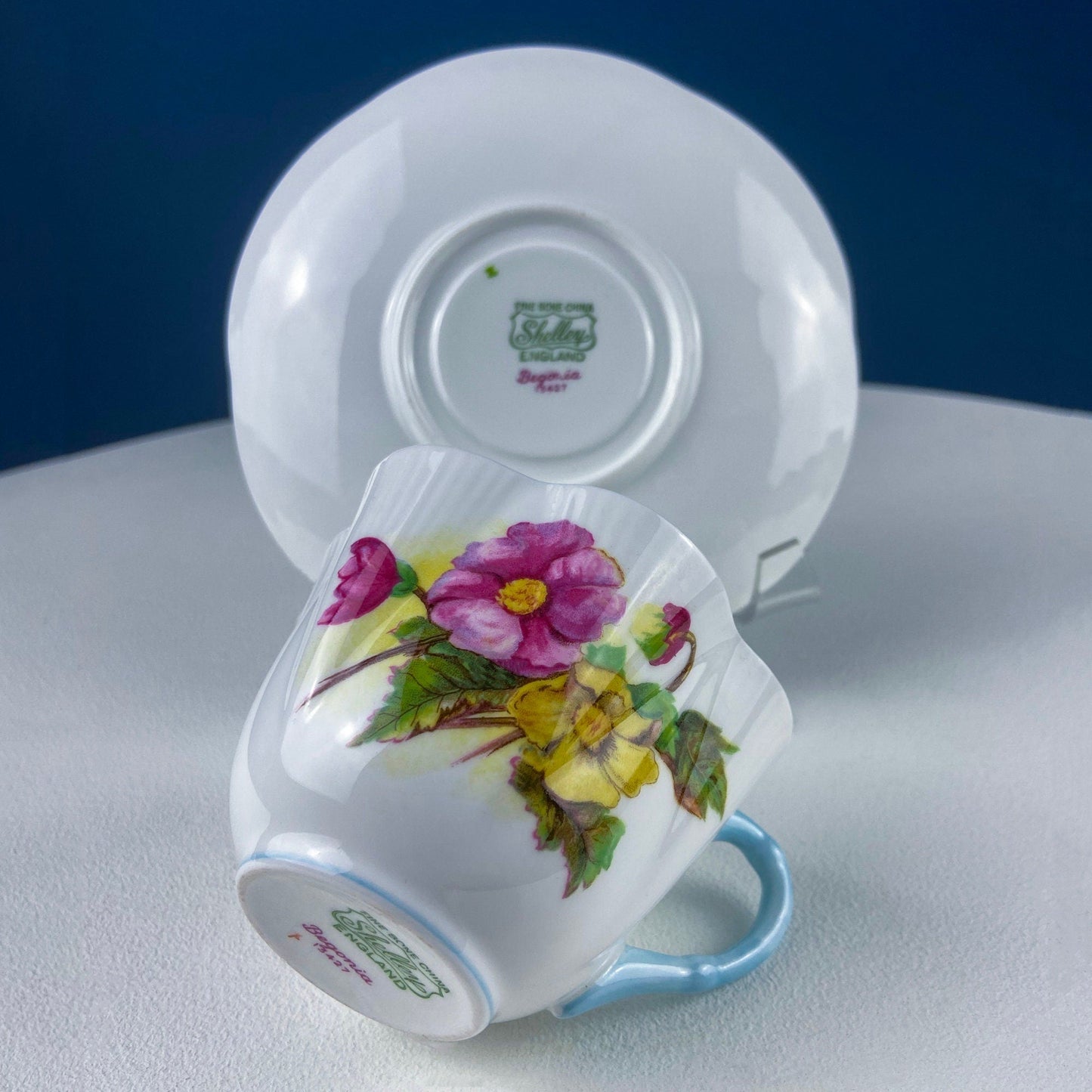 Antique Shelley Cup and Saucer with Begonia Motif . Beautiful, Fine Porcelain. Colorful Flowers and Blue Handle. French Country Living.