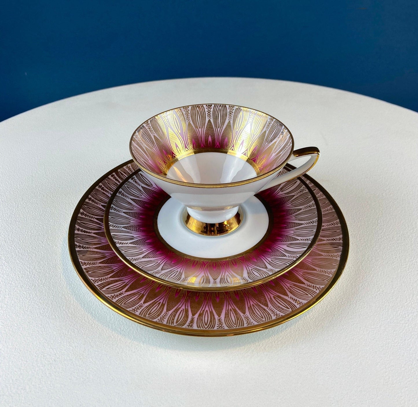 Vintage Bavarian Porcelain Tea Trio: Gold Modern Motif Collectible Set