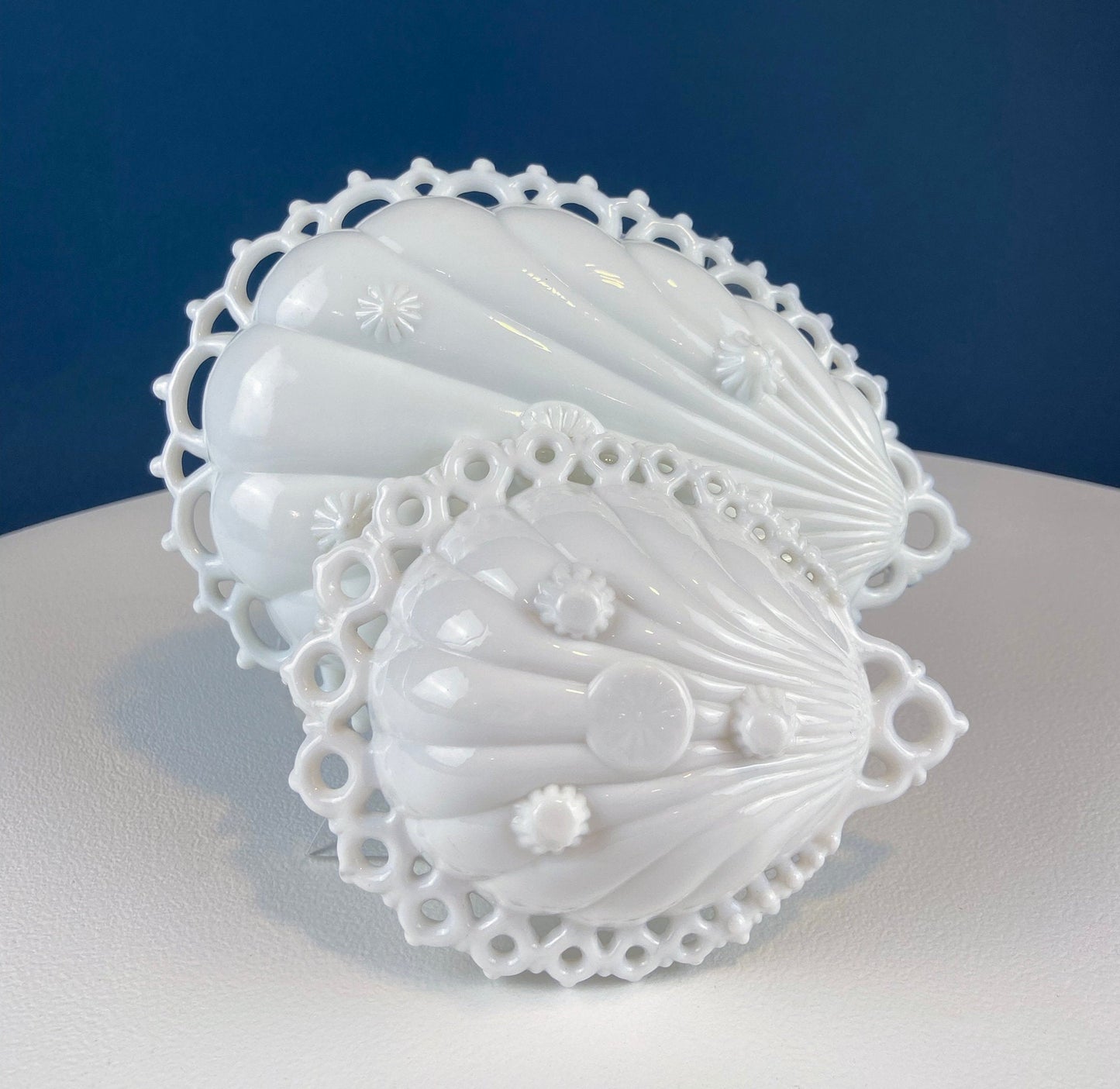 Milk Glass Tear Drop Small Serving Dishes with Fluting & Lacy Brim. Set of 2 White Serving Dishes. Kitchen, Bath Decor. Condiment, Soap Dish