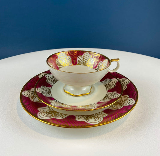 Antique Elgenbein Bavarian Porcelain Cup, Saucer, and Plate, Gold Floral