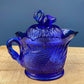 Cobalt Blue Creamer with Swan-Shaped Handle and Lid. Glass Creamer with Embossed Reed and Swans. Collectible Glass. Gift Idea.