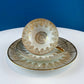 Antique Bavarian Porcelain Tea Cup Trio, Gold Green Geometric Motif