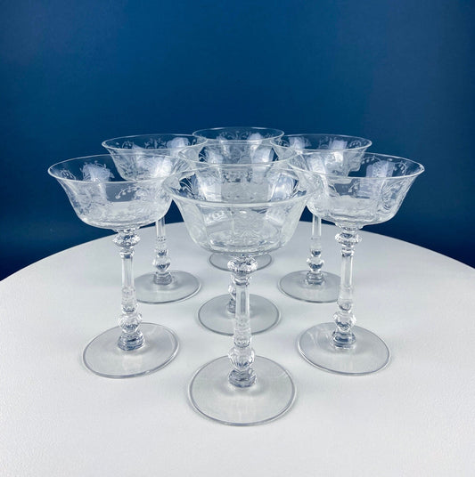 Heisey Champagne Glasses Set of 6 – Orchid Pattern Etched Crystal Stemware, Vintage Collectible Glassware for Dining & Home Decor