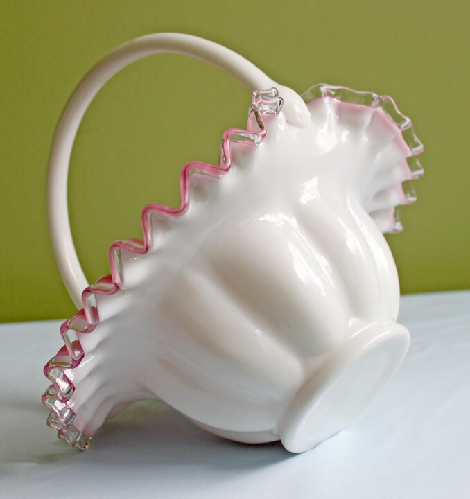 Crystal Basket /  Pink Crest and Silvercrest Bowl with Handle.  Ruffled Scalloped Rim.  Gift for Her.