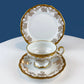 Stunning Antique White and Gold Tea Set Trio. Weimar Porcelain, Katharina Pattern. Hand Painted Floral Gold Trim. Dining Room Decor.