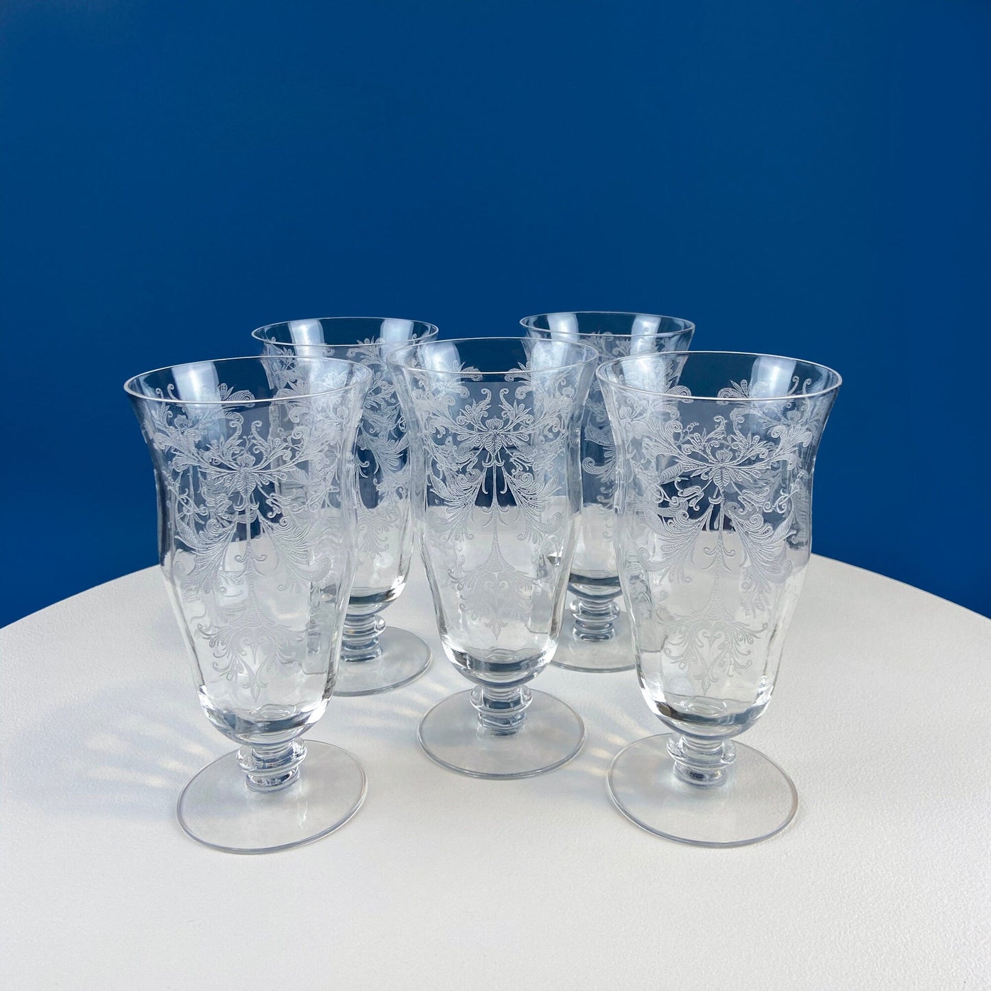 Tiffin Franciscan Sweet Wine Glasses. Set of Four Byzantine Etched Stemware. Floral Motif.