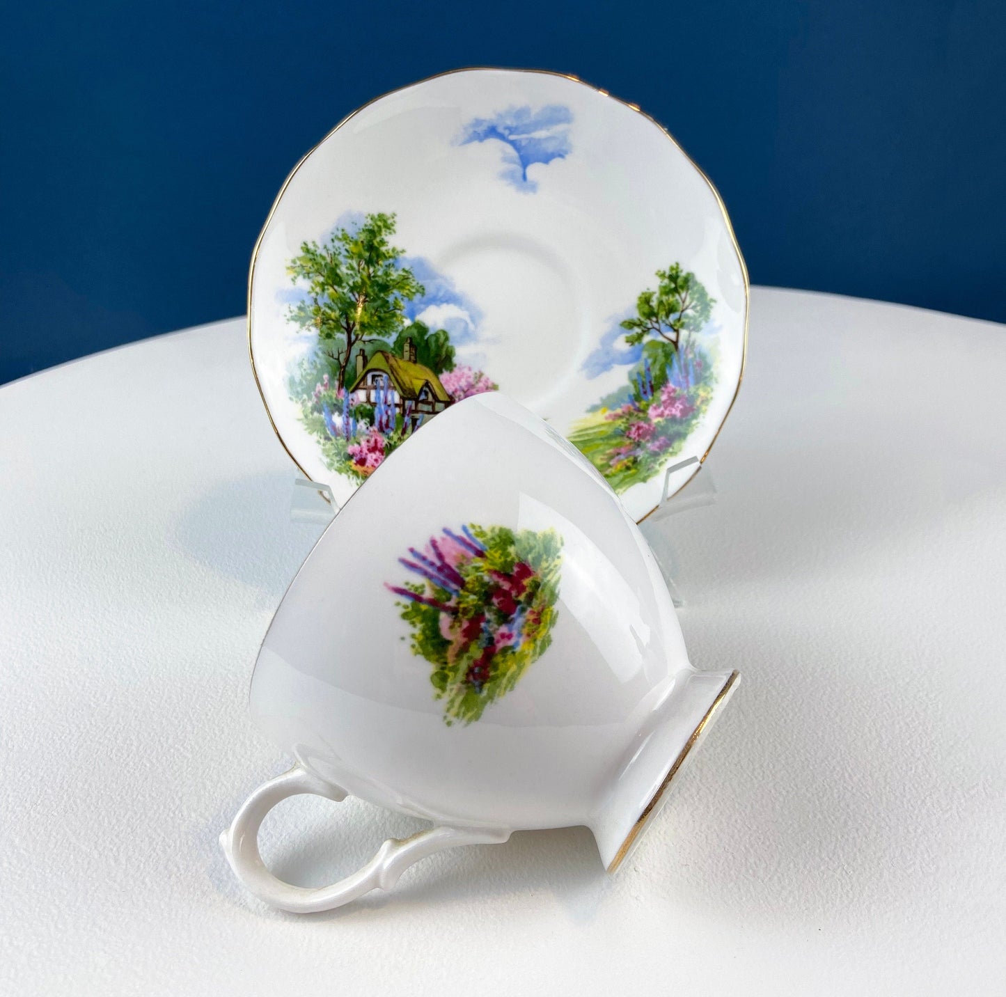 Vintage Royal Vale Tea Cup and Saucer: English Cottage Garden Motif