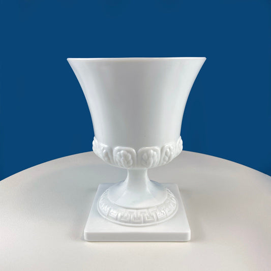 Vintage 7" Milk Glass Urn or Compote Pedestal with Greek Key & Wheat Motif. White Footed E.O Brody Planter. Herb Garden. Dining Room Decor.