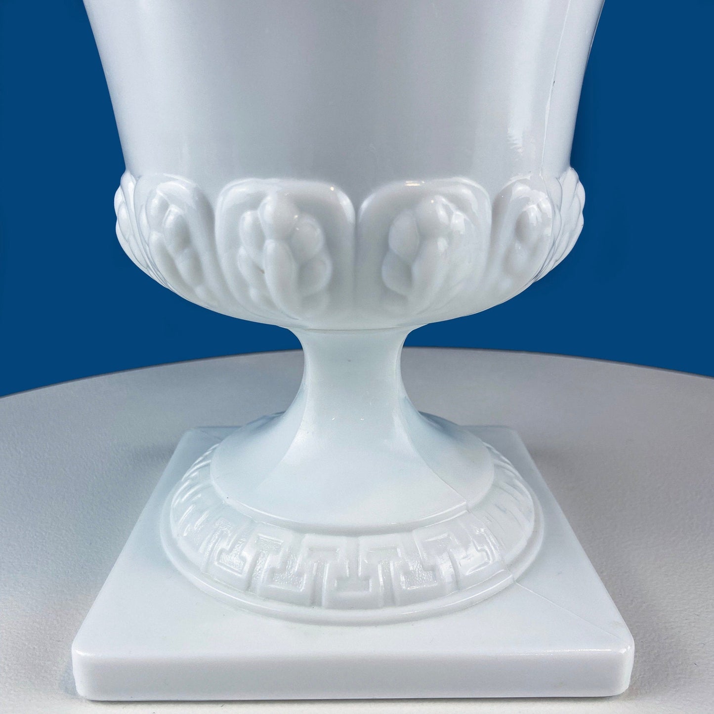 Vintage Large Milk Glass Urn or Compote Pedestal with Greek Key & Wheat Motif. 9" Tall White Footed E.O Brody Planter. Herb Garden.