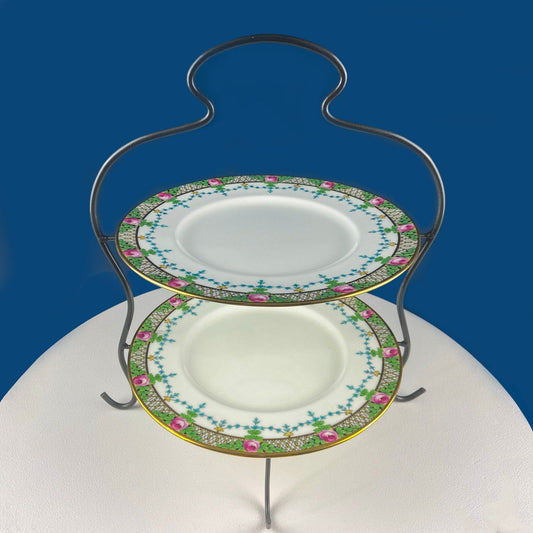 Vintage Display Stand for Sweets, Baked Goods, Cup Cakes, Fruit. Two Tiered Metal Wire Rack with Vintage Plates. Dining Room Decor.