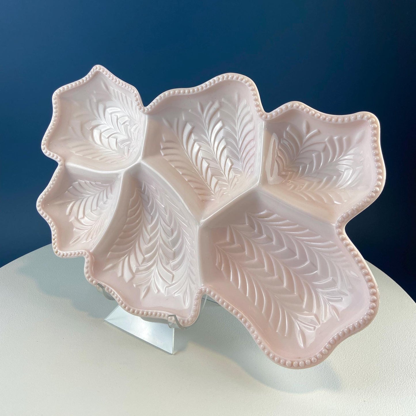 Vintage Shell Pink Jeanette Milk Glass Divided Serving Platter. Stunning 3-d Feather Motif. 6 Section Bowl.  Appetizers Condiments Fruit.