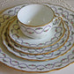 Antique Limoges Porcelain Tea Set with Clover Trim. Set of Six Dessert Plates, 5 Cups and Saucers, & Oval Serving Platter. Haviland France.
