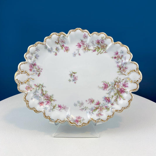 Oval Haviland Limoges Platter with Scalloped Edge. Stunning Porcelain Serving Dish. Wild Roses Motif. French Country. Serviceware.
