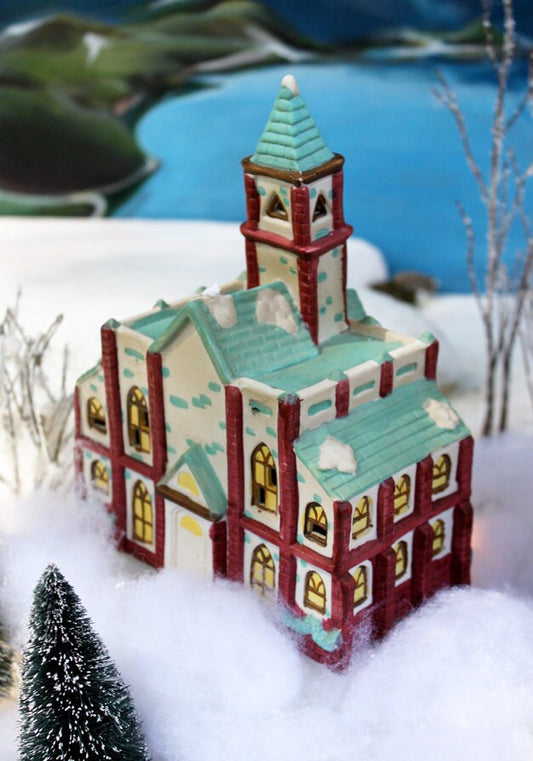Vintage Porcelain Christmas Village Cathedral with Lights – Holiday Magic Lighted Xmas Decoration, Collectible Holiday Village Display