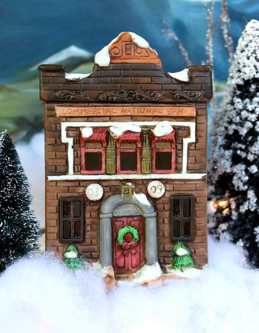 Vintage Christmas Village Bank with Lights, Handmade Holiday Decoration