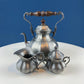 Vintage 6 Piece Pewter Coffee & Tea Serving Set with Filigree Tray. Metawa, Holland. Mid Century Modern Early Art Deco. Rattan Bamboo Handle