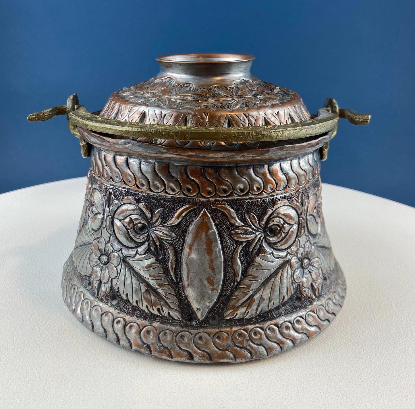 Antique Hand Pounded Copper & Tin Pail Storage Container or Vase with Lid and Brass Handle. Embossed Floral Folk Motif. Ethnic Home Decor.