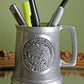 English Pewter Beer Mug with Embossed Medallion. Beer Jug Made with Pewter