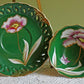 Vintage Dark Green Tea Cup and Saucer with Hand Painted Flowers
