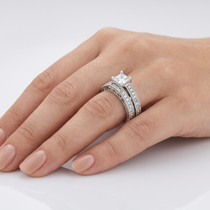 Avera Princess Cut Filigree Bridal Ring Set in Sterling Silver