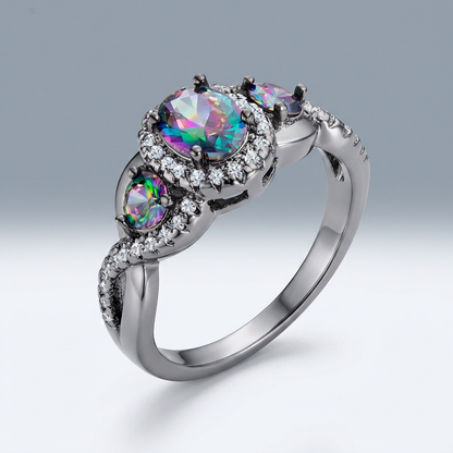 Avera 1.43Ct Hematite Plated Mystic And Cubic Zirconia Three Stone Twisted Shank Ring