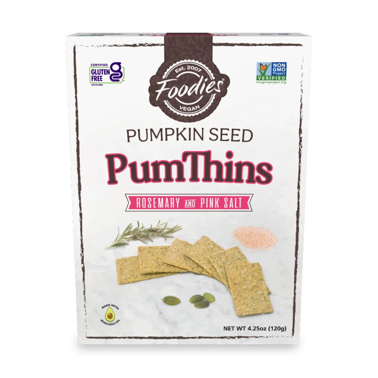 Foodies Vegan Pumthins Rosemary & Pink Salt - Gluten-Free, Kosher, Wheat-Free Snack (6 x 4.25 Oz Case)