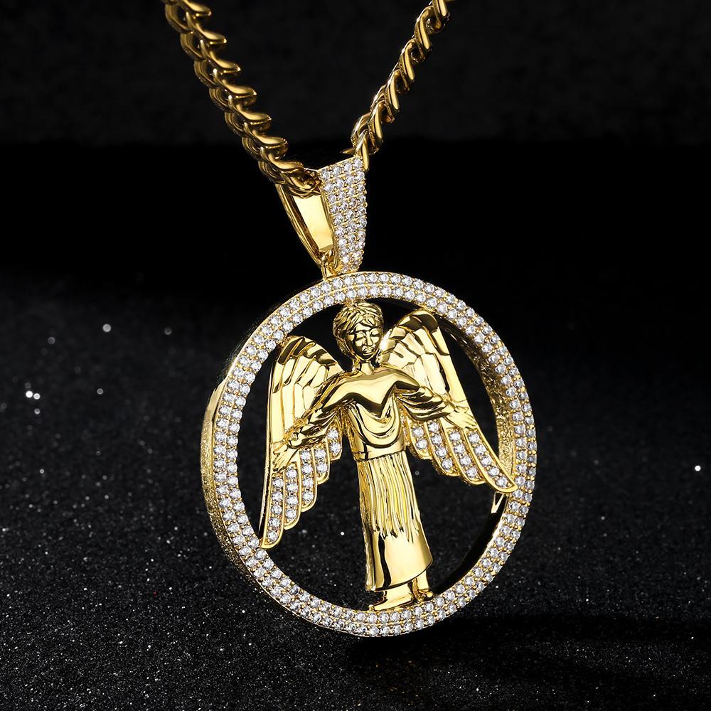 Round Shape Iced Angel Wing Pendant with14K Gold Plated by Bling Proud | Urban Jewelry Online Store