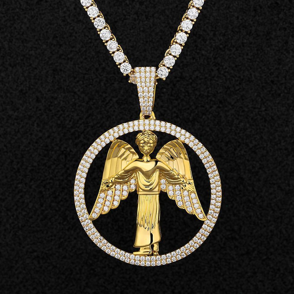 Round Shape Iced Angel Wing Pendant with14K Gold Plated by Bling Proud | Urban Jewelry Online Store