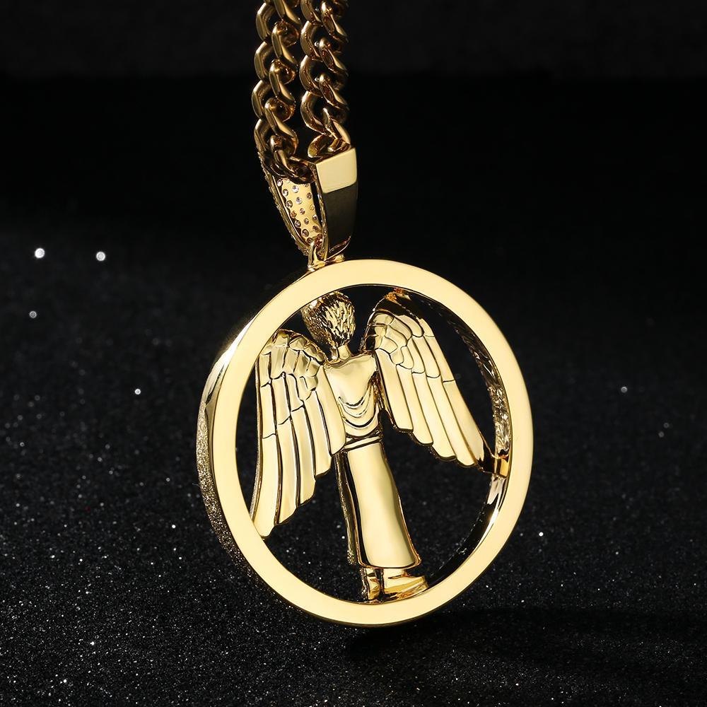 Round Shape Iced Angel Wing Pendant with14K Gold Plated by Bling Proud | Urban Jewelry Online Store