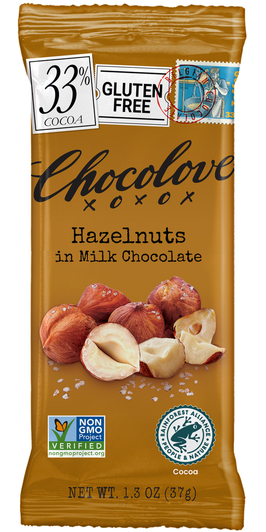 Chocolove Mini Hazelnut Milk Chocolate Bars, 1.3 oz, Pack of 12