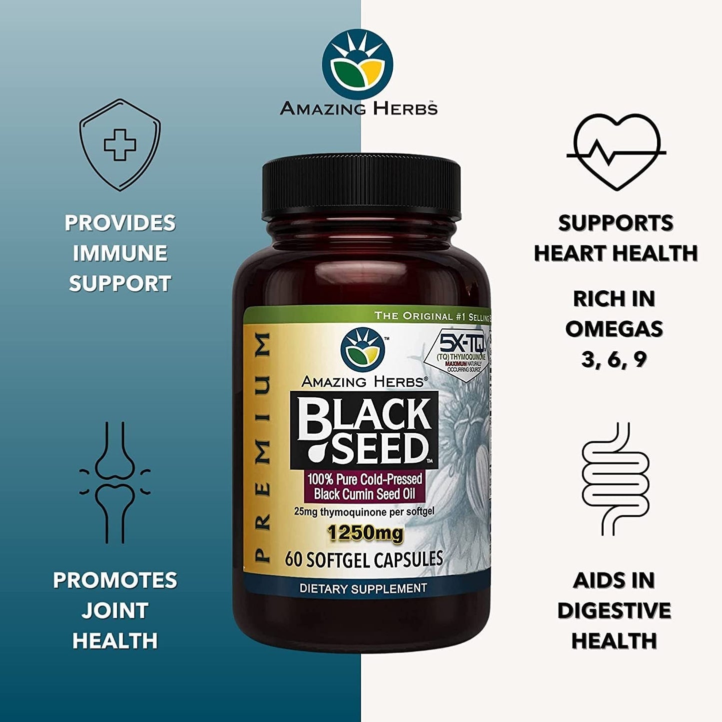 Amazing Herbs Black Seed Oil, 90 Softgels – Cold-Pressed Black Cumin (Nigella Sativa)