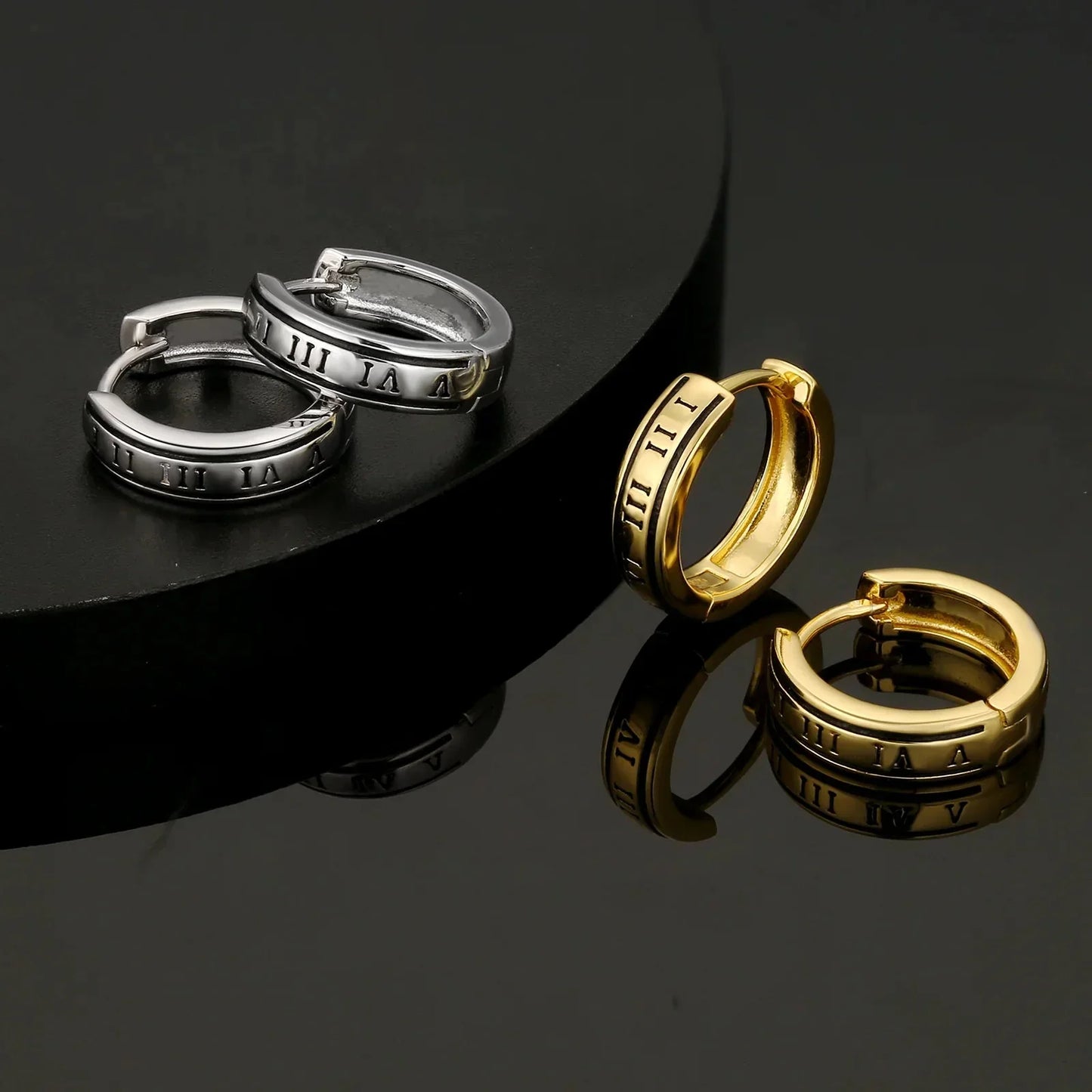 S925 Silver Black Roman Numerals Hoop Earrings in 14K Gold - 15mm by Bling Proud | Urban Jewelry Online Store