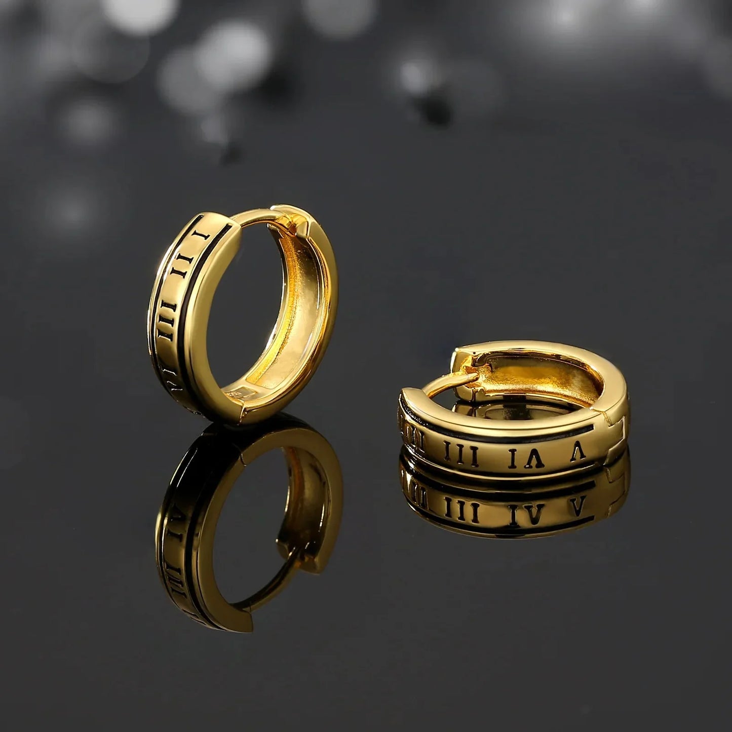 S925 Silver Black Roman Numerals Hoop Earrings in 14K Gold - 15mm by Bling Proud | Urban Jewelry Online Store