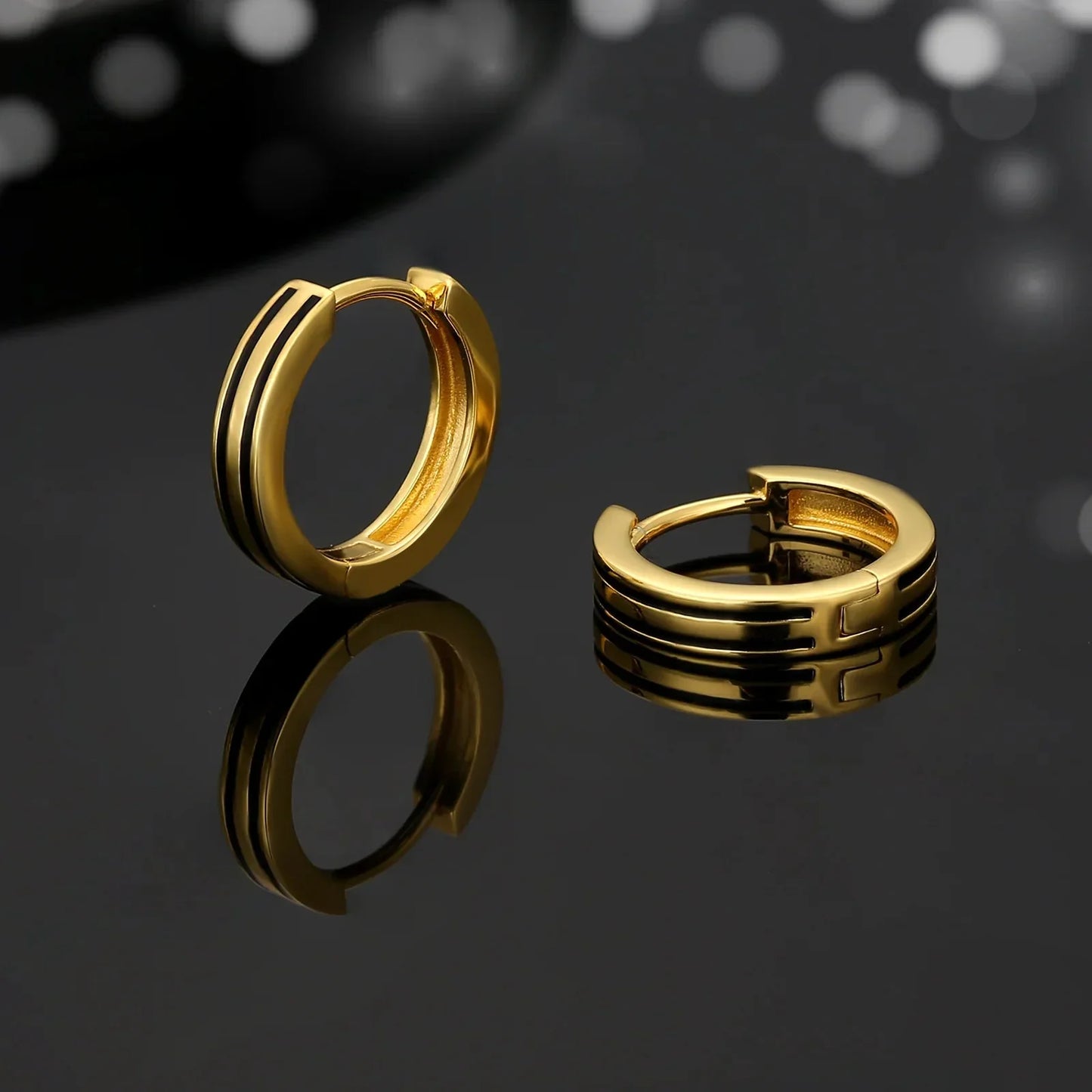 S925 Silver Black Stripe Hoop Earrings in 14K Gold - 15mm by Bling Proud | Urban Jewelry Online Store
