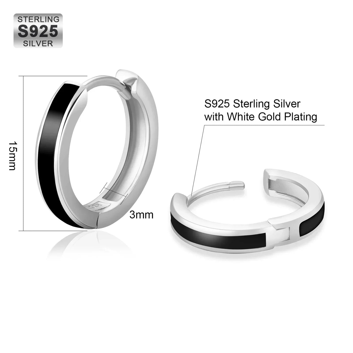 S925 Silver Sleek Black Hoop Earrings in White Gold - 15mm by Bling Proud | Urban Jewelry Online Store