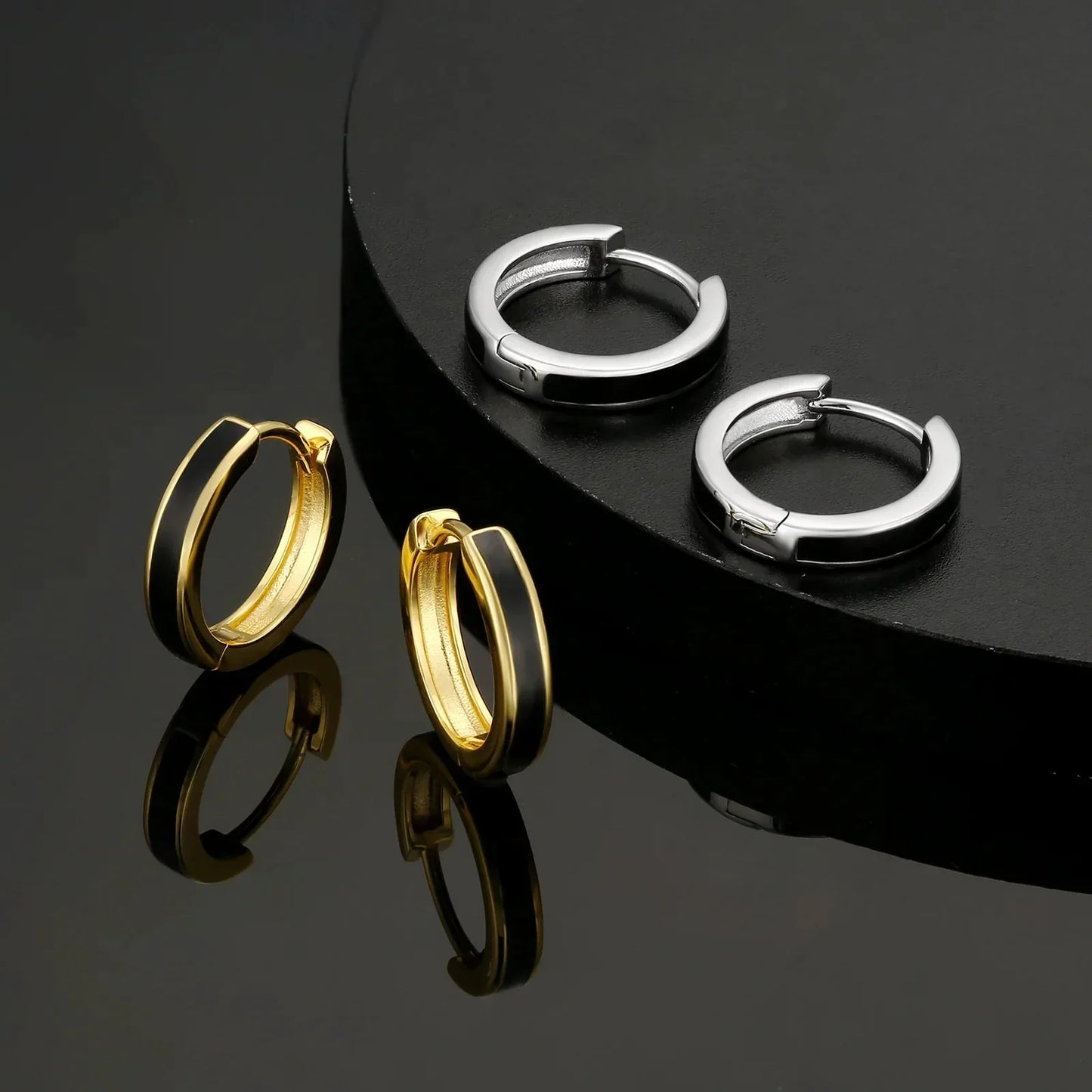 S925 Silver Sleek Black Hoop Earrings in White Gold - 15mm by Bling Proud | Urban Jewelry Online Store