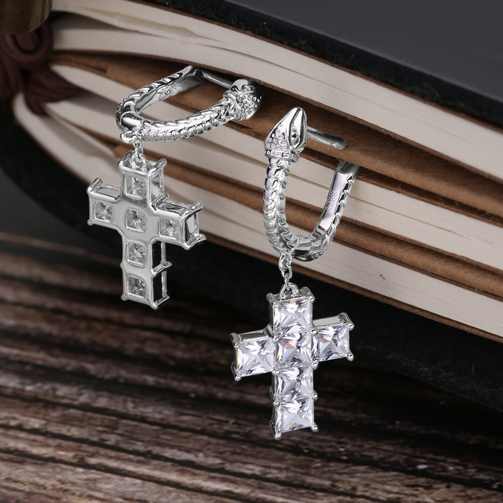 The Serpent ® - Diamond Snake Hoop Hanging Cross Earrings in White Gold by Bling Proud | Urban Jewelry Online Store