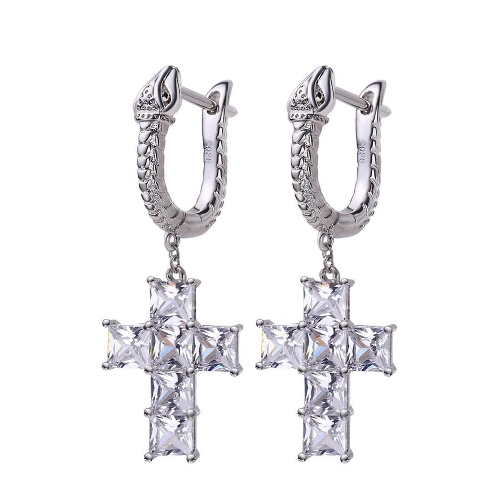 The Serpent ® - Diamond Snake Hoop Hanging Cross Earrings in White Gold by Bling Proud | Urban Jewelry Online Store