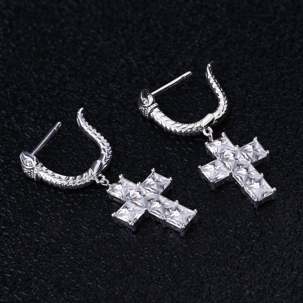 The Serpent ® - Diamond Snake Hoop Hanging Cross Earrings in White Gold by Bling Proud | Urban Jewelry Online Store