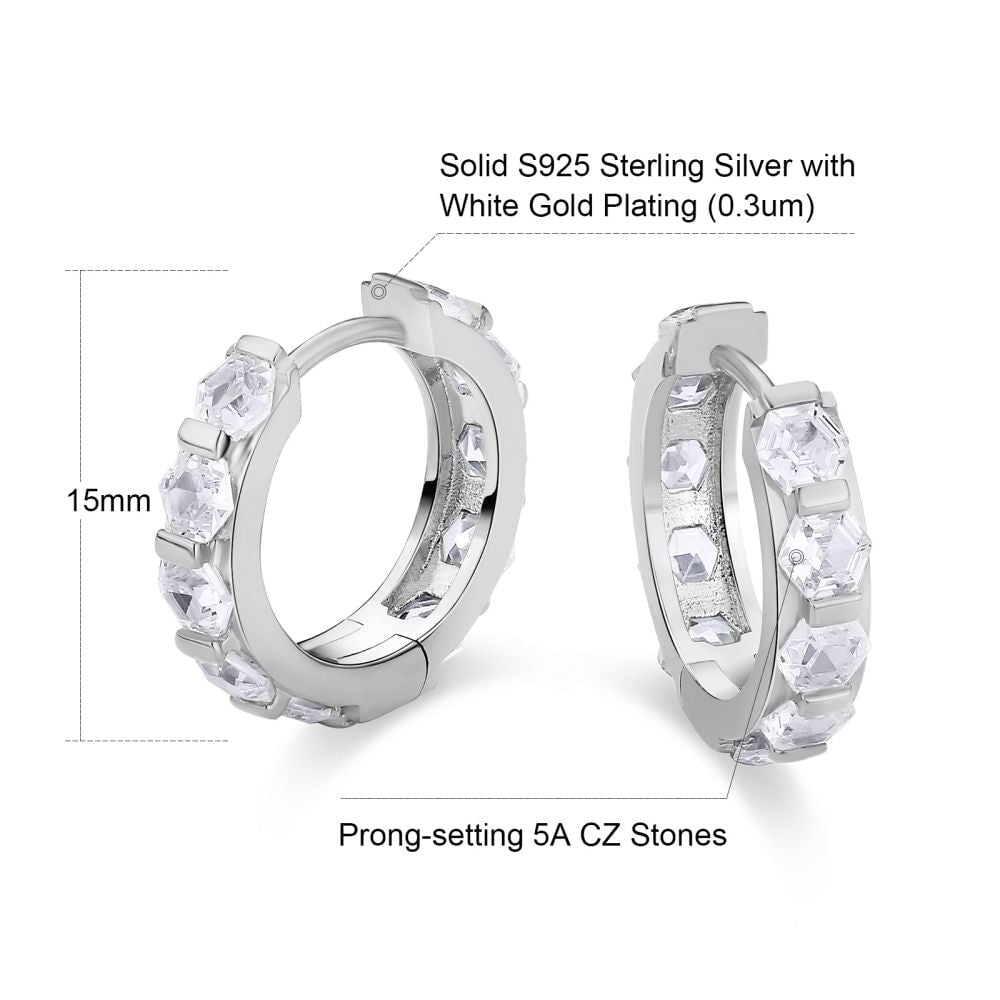 The Sparkling Circle® - 925 Sterling Silver Hexagon Diamond Hoop Earrings in White Gold by Bling Proud | Urban Jewelry Online Store