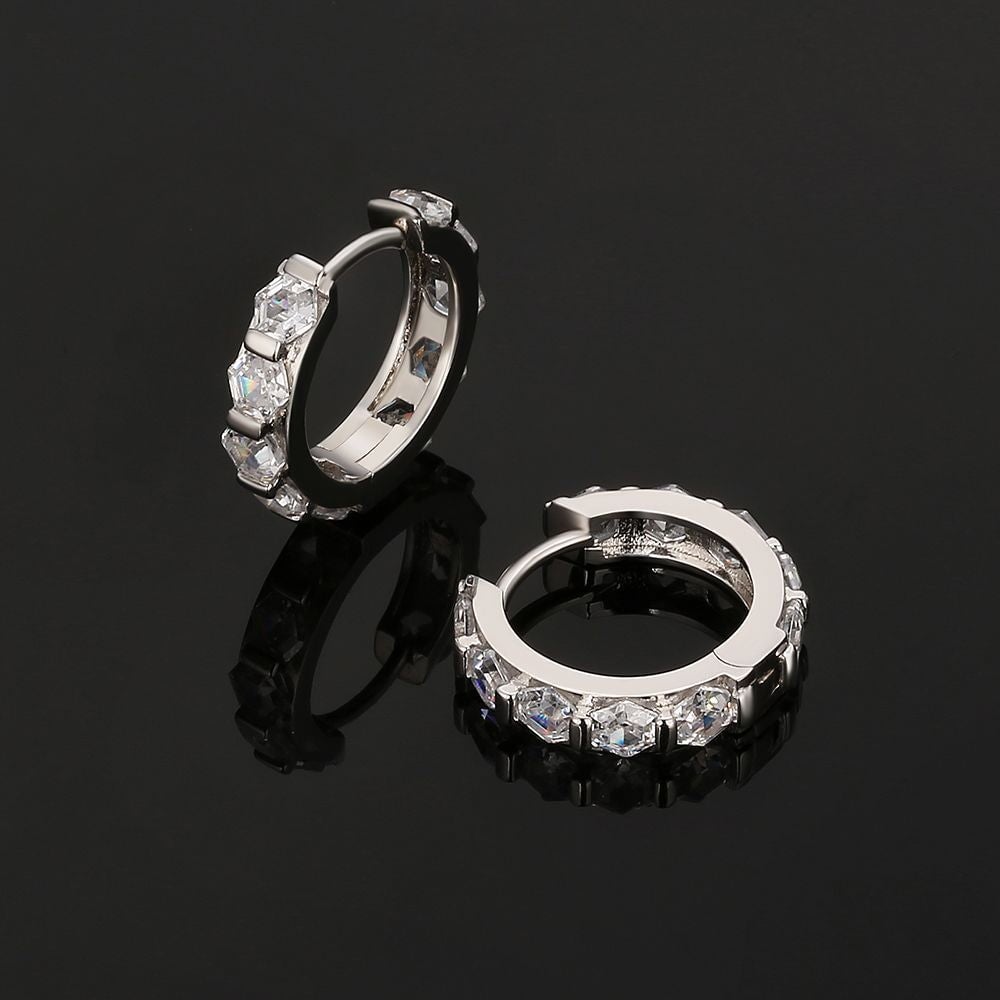 The Sparkling Circle® - 925 Sterling Silver Hexagon Diamond Hoop Earrings in White Gold by Bling Proud | Urban Jewelry Online Store
