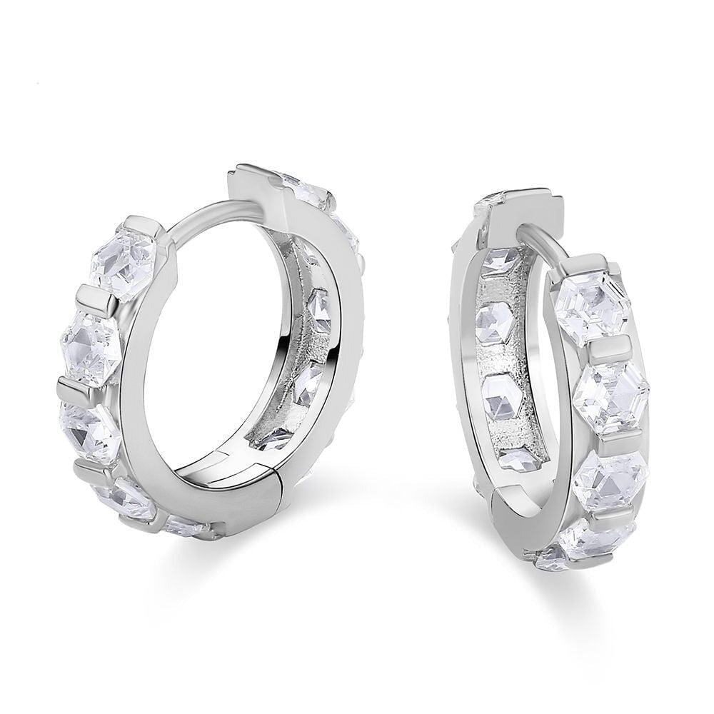 The Sparkling Circle® - 925 Sterling Silver Hexagon Diamond Hoop Earrings in White Gold by Bling Proud | Urban Jewelry Online Store